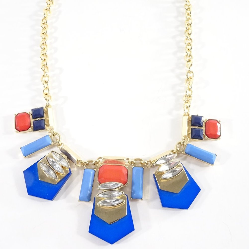 Lee Angel Blue Red Geo Statement Necklace NWT 145